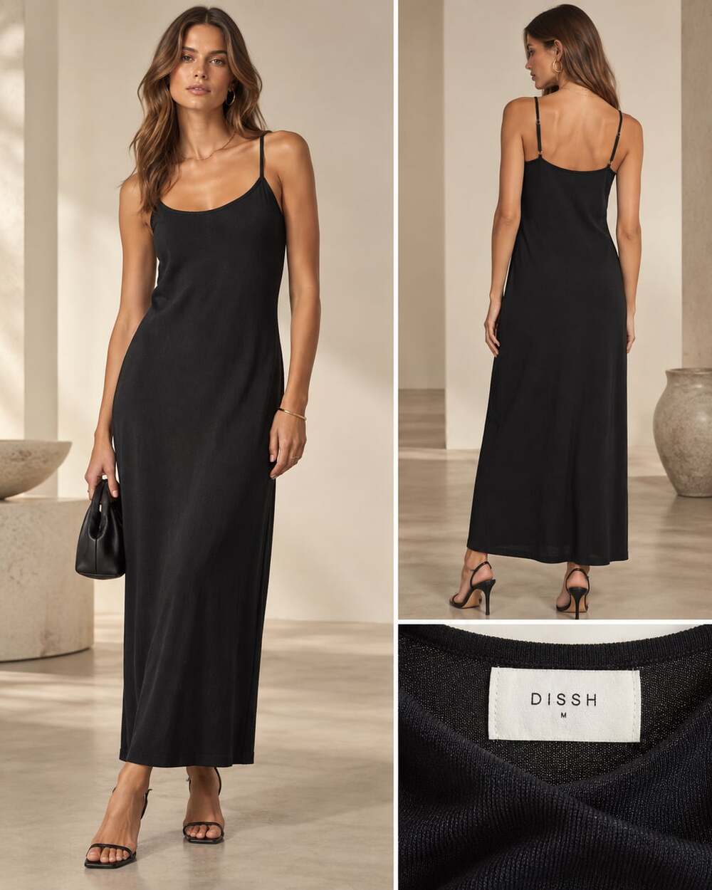 DISSH Black Knit Spaghetti Strap Scoop Neck Maxi Dress